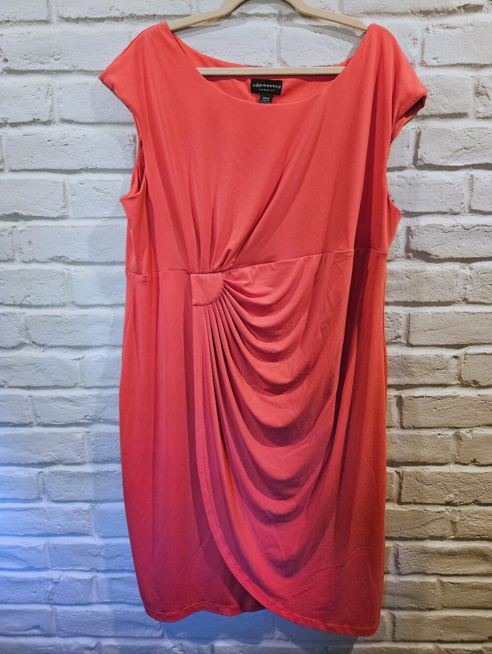 Connected Apparel Side-Draped Cap-Sleeve Plus Size 20W Coral Pink Midi Dress